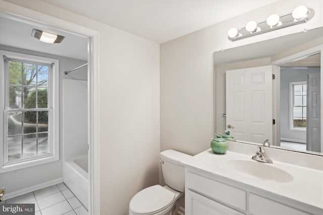 bathroom featuring tile patterned flooring, visible vents, toilet, vanity, and shower / tub combination