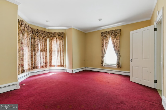 unfurnished room featuring crown molding, a baseboard heating unit, and carpet