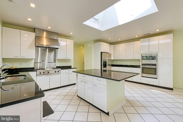 3820 Lorcom Ln, Arlington, VA 22207 - kitchen with wall chimney exhaust hood, white cabinets, a sink, dark countertops, and appliances with stainless steel finishes