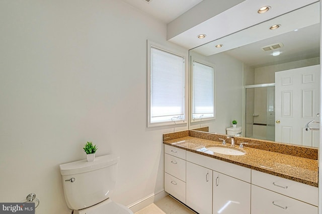 3820 Lorcom Ln, Arlington, VA 22207 - full bathroom featuring a stall shower, toilet, baseboards, visible vents, and vanity