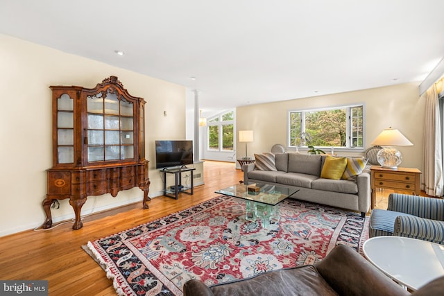 living room featuring baseboards and wood finished floors