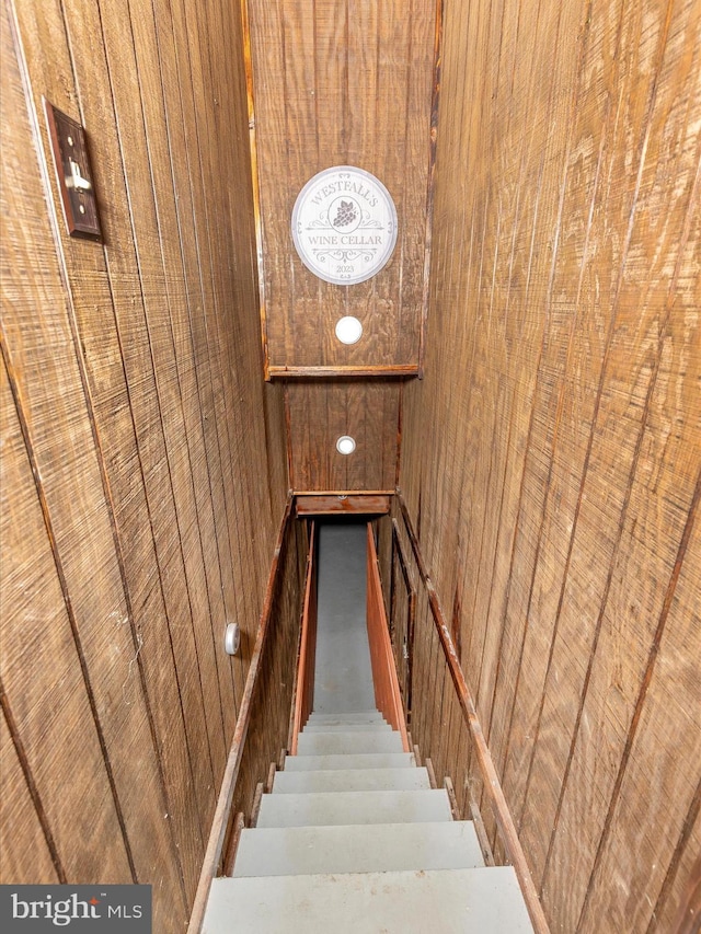 staircase with wooden walls
