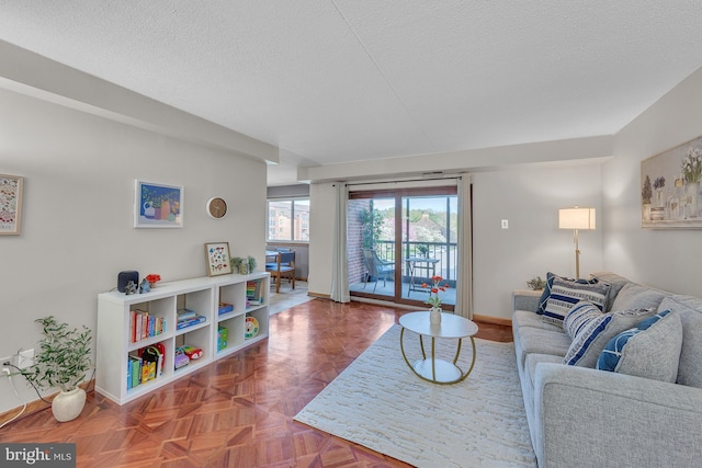 living room featuring baseboards and a textured ceiling