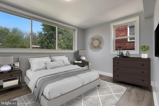 bedroom with wood finished floors, baseboards, and multiple windows