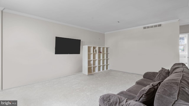 living room with crown molding, baseboards, carpet, and visible vents