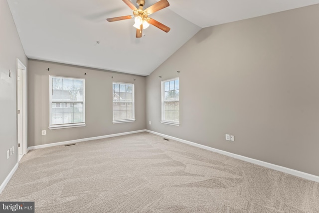6319 Seton Ridge Dr, Baltimore, MD 21207 - unfurnished room with baseboards, vaulted ceiling, a ceiling fan, visible vents, and carpet