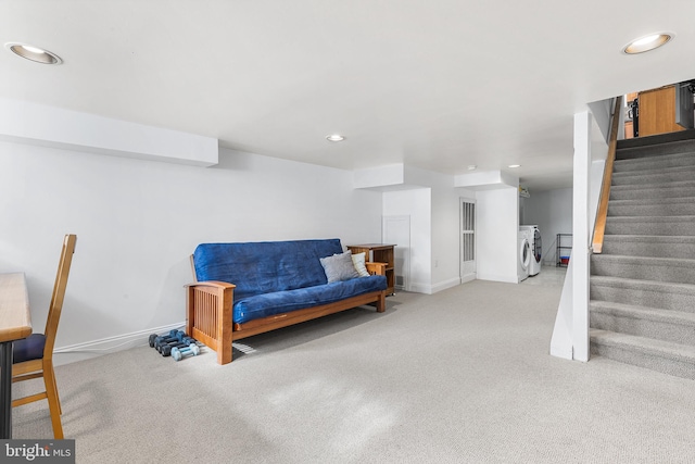 2513 Kimball St, Philadelphia, PA 19146 - living area featuring carpet floors, recessed lighting, stairs, and washer and clothes dryer