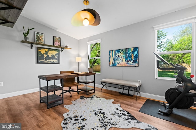 home office with baseboards, plenty of natural light, and wood finished floors