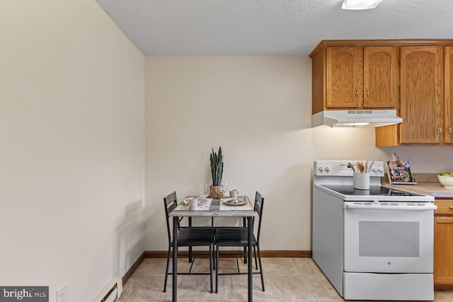 392 Walker Way, Timberville, VA 22853 - kitchen with electric stove, under cabinet range hood, brown cabinets, baseboards, and light countertops