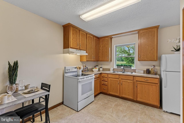 392 Walker Way, Timberville, VA 22853 - kitchen with white appliances, under cabinet range hood, a sink, a textured ceiling, and light countertops