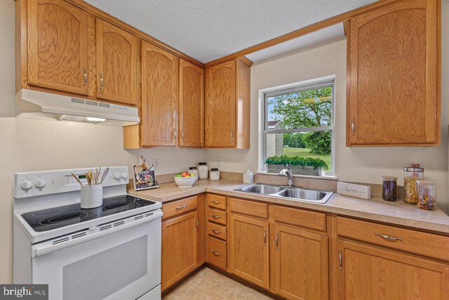 392 Walker Way, Timberville, VA 22853 - kitchen featuring electric stove, under cabinet range hood, a sink, light countertops, and a textured ceiling