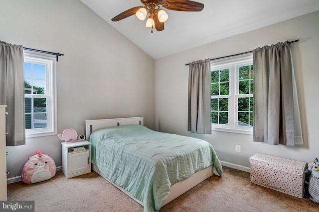 6022 Rixey Dr, Alexandria, VA 22303 - bedroom featuring multiple windows, lofted ceiling, light carpet, and a ceiling fan