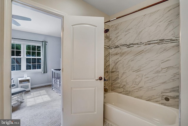 6022 Rixey Dr, Alexandria, VA 22303 - bathroom with shower / bathtub combination, lofted ceiling, and ceiling fan