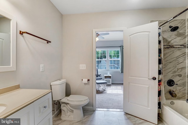 6022 Rixey Dr, Alexandria, VA 22303 - bathroom with vanity, ceiling fan, marble look tile flooring, and shower / tub combo