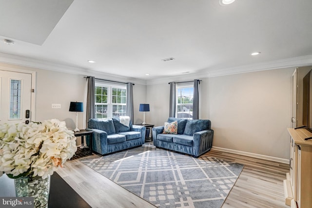 6022 Rixey Dr, Alexandria, VA 22303 - living room with light wood-type flooring, ornamental molding, and recessed lighting