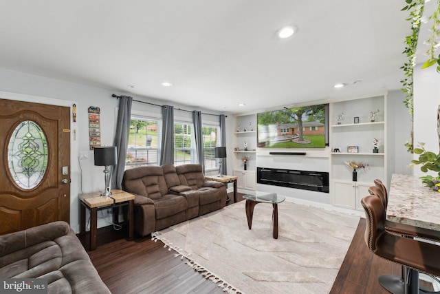 8412 Impalla Dr, Manassas, VA 20110 - living area with light wood finished floors, recessed lighting, a glass covered fireplace, and built in shelves