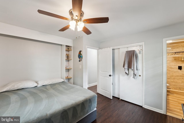 8412 Impalla Dr, Manassas, VA 20110 - bedroom featuring dark wood-style floors, baseboards, a ceiling fan, and ensuite bathroom