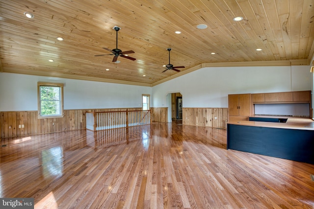 17634 Bruehl Rd, Upperco, MD 21155 - unfurnished living room featuring wood ceiling, a wainscoted wall, lofted ceiling, light wood-type flooring, and a ceiling fan