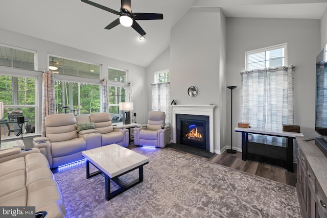 26325 Tributary Blvd, Millsboro, DE 19966 - living area with high vaulted ceiling, a ceiling fan, wood finished floors, a fireplace with flush hearth, and healthy amount of natural light