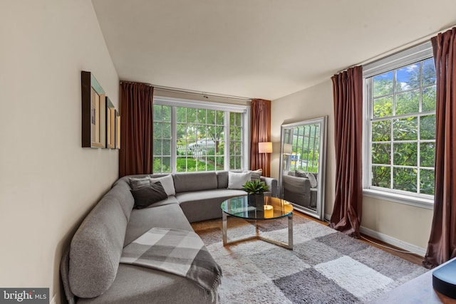 living area featuring wood finished floors and baseboards