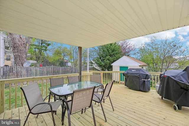 deck featuring a fenced backyard, outdoor dining space, and area for grilling