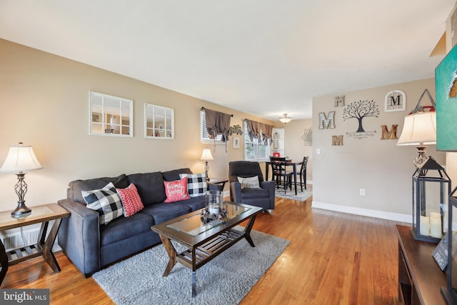 living room featuring wood finished floors and baseboards