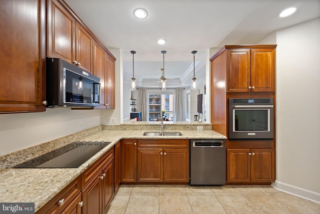 kitchen featuring stainless steel dishwasher, oven, black electric stovetop, recessed lighting, and a sink