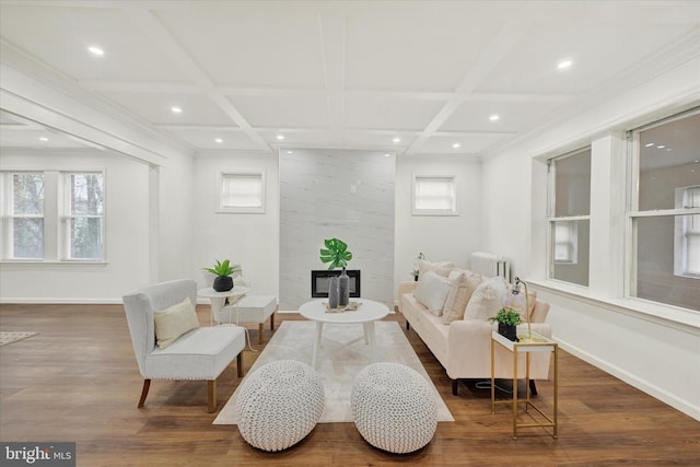 living area with a high end fireplace, recessed lighting, wood finished floors, radiator heating unit, and coffered ceiling