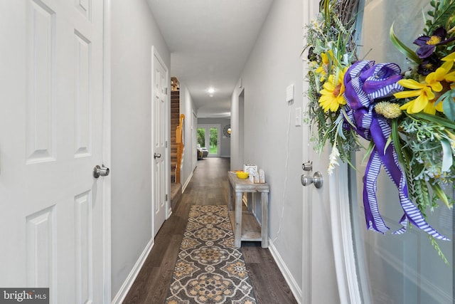 corridor with baseboards and dark wood-style floors