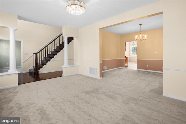 5 Klockner Ct, Lawrence Township, NJ 08648 - unfurnished living room with visible vents, baseboards, an inviting chandelier, carpet floors, and stairs