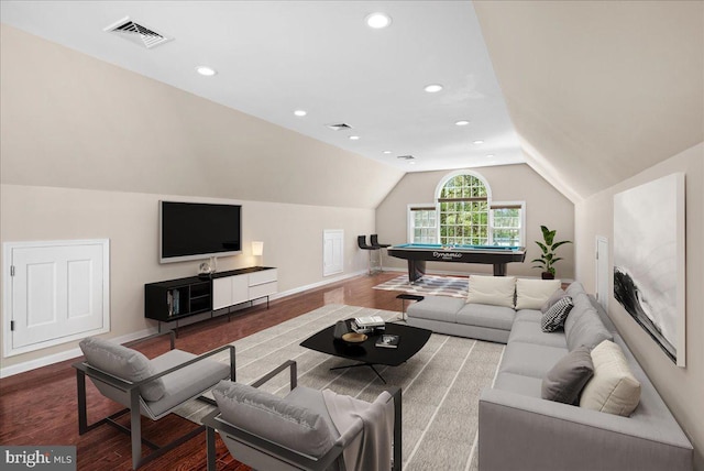 5 Klockner Ct, Lawrence Township, NJ 08648 - living room featuring wood finished floors, visible vents, billiards, and lofted ceiling