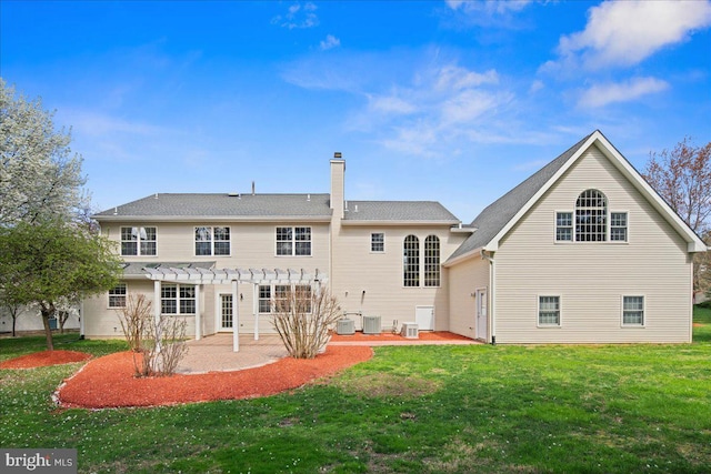 5 Klockner Ct, Lawrence Township, NJ 08648 - back of property featuring central AC, a pergola, a patio area, a yard, and a chimney
