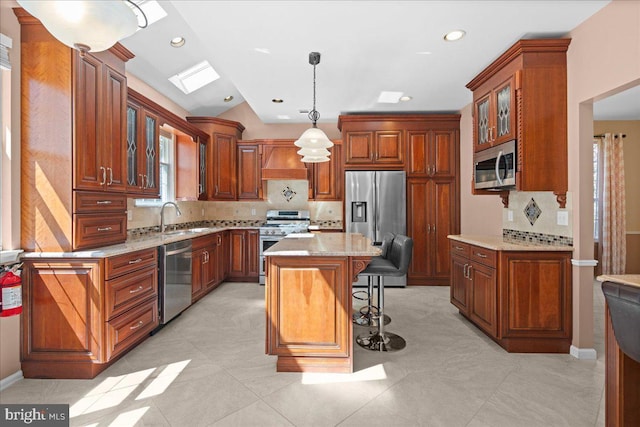5 Klockner Ct, Lawrence Township, NJ 08648 - kitchen featuring glass insert cabinets, a sink, premium range hood, brown cabinets, and stainless steel appliances