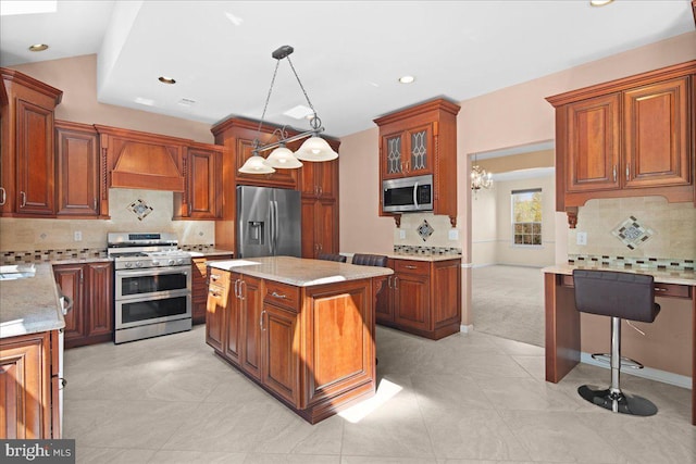 5 Klockner Ct, Lawrence Township, NJ 08648 - kitchen with custom range hood, backsplash, light stone counters, and appliances with stainless steel finishes