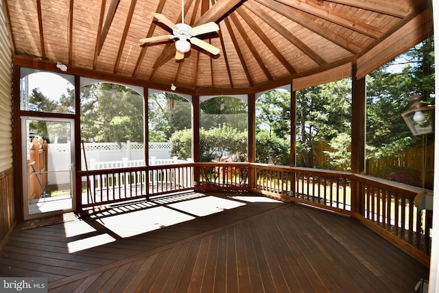 wooden terrace with fence, a gazebo, and ceiling fan