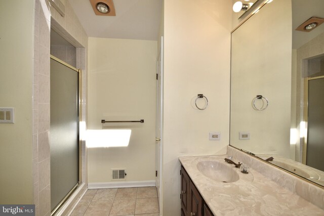 full bathroom featuring visible vents, vanity, baseboards, tile patterned floors, and a shower stall