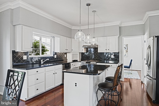 815 Kenneth Pl SE, Leesburg, VA 20175 - kitchen featuring under cabinet range hood, ornamental molding, a sink, appliances with stainless steel finishes, and dark wood-style floors