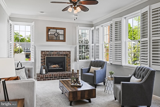 815 Kenneth Pl SE, Leesburg, VA 20175 - living room with a fireplace, a ceiling fan, ornamental molding, and carpet floors