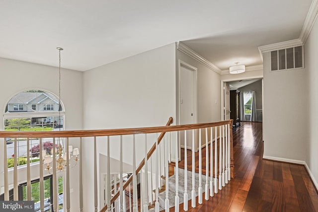 815 Kenneth Pl SE, Leesburg, VA 20175 - corridor with an upstairs landing, crown molding, visible vents, baseboards, and hardwood / wood-style flooring