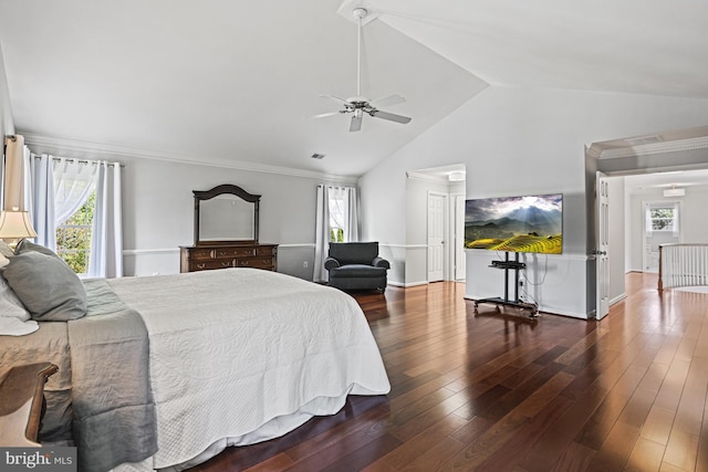 815 Kenneth Pl SE, Leesburg, VA 20175 - bedroom featuring a ceiling fan, high vaulted ceiling, visible vents, and wood finished floors