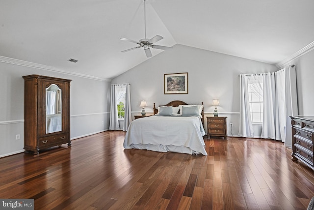 815 Kenneth Pl SE, Leesburg, VA 20175 - bedroom with a ceiling fan, vaulted ceiling, dark wood-style flooring, and visible vents