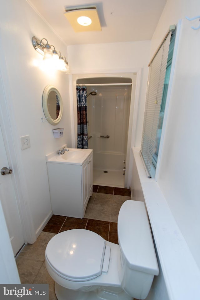 13909 Broomall Ln, Silver Spring, MD 20906 - bathroom featuring vanity, a shower with shower curtain, tile patterned flooring, and toilet