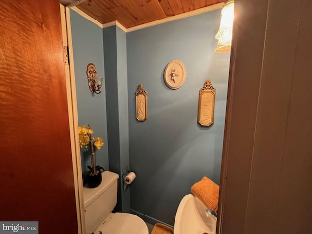 bathroom featuring toilet, wooden ceiling, and ornamental molding