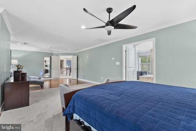 7027 Sand Cherry Way, Clinton, MD 20735 - bedroom with crown molding, recessed lighting, baseboards, wood finished floors, and a ceiling fan