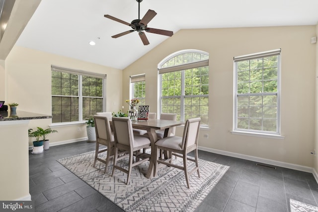 7027 Sand Cherry Way, Clinton, MD 20735 - dining room featuring vaulted ceiling, a ceiling fan, baseboards, and recessed lighting