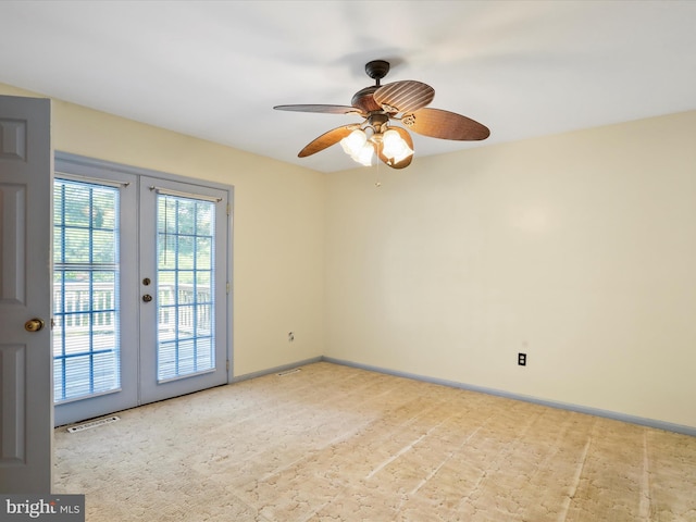 4216 Valley Vista Ct, Manchester, MD 21102 - unfurnished room featuring baseboards, ceiling fan, french doors, and visible vents