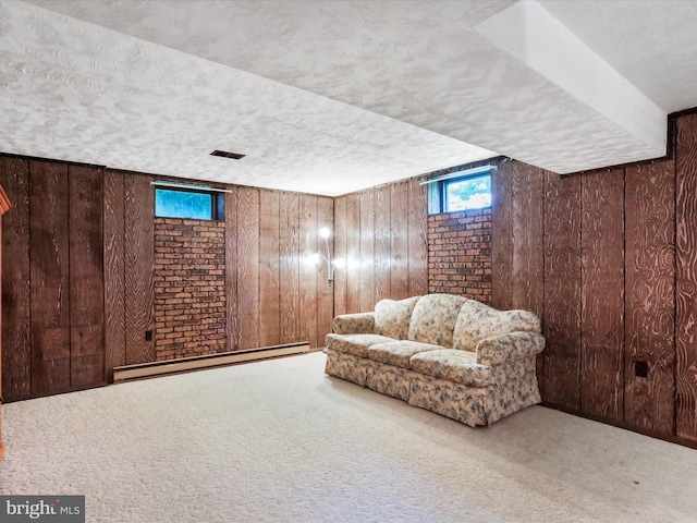 4216 Valley Vista Ct, Manchester, MD 21102 - living area featuring a baseboard radiator, a textured ceiling, wooden walls, and carpet flooring