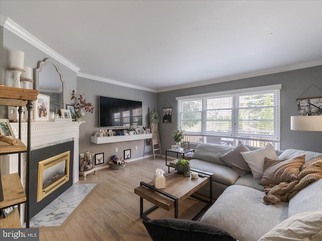 living area featuring a fireplace with flush hearth, crown molding, wood finished floors, and baseboards