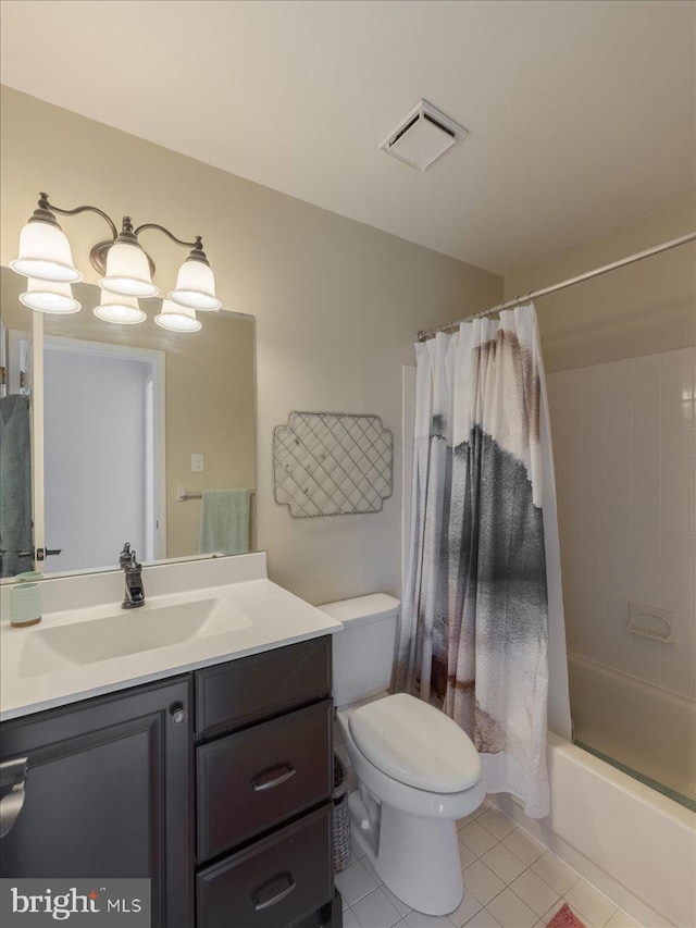 bathroom featuring vanity, shower / bath combo, tile patterned floors, toilet, and visible vents