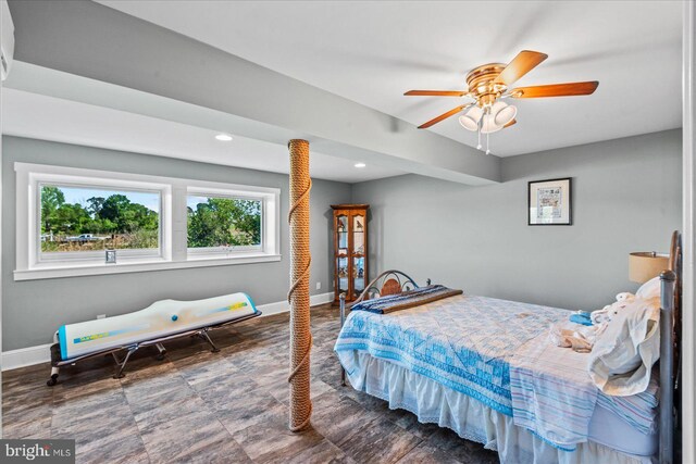 bedroom with recessed lighting, a ceiling fan, and baseboards